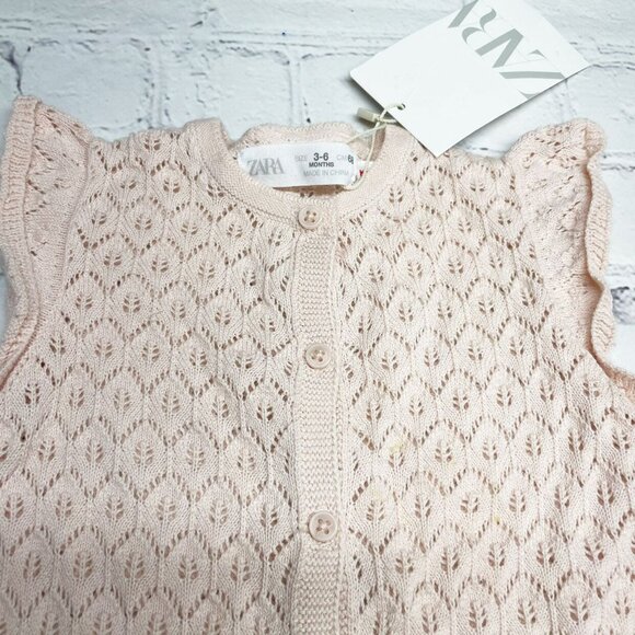 NEW Zara Cotton Pointelle Knit Romper Size 3-6 mos *TINY FLAW* Pastel Pink Beige - Picture 3 of 7